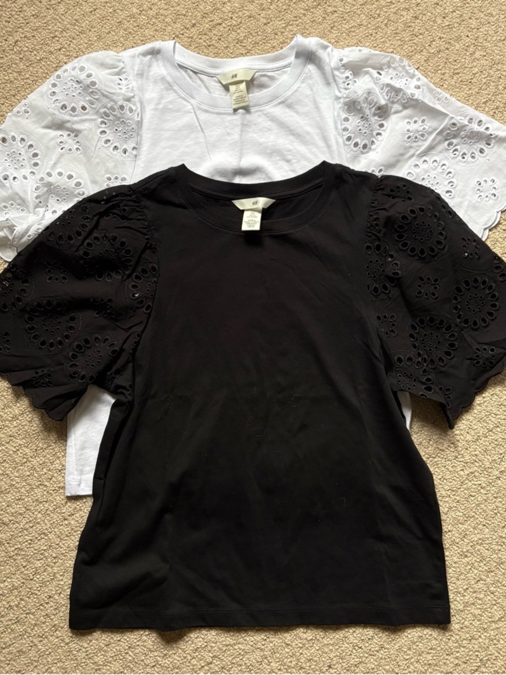 H&M Puff Sleeve Eyelet Tee Duo - Black & White